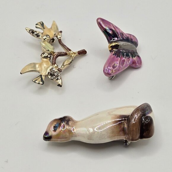 VTG AVON Brooch 3PC Set Porcelain Simease Cat Butterfly Birds Cottage MCM Whimsy - Picture 9 of 16